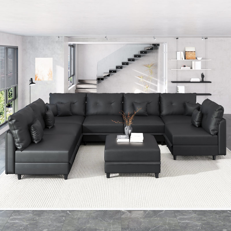 Zendajas 8 - Piece Upholstered Sectional Modular Sofa With Storage Ottoman, Black Faux Leather