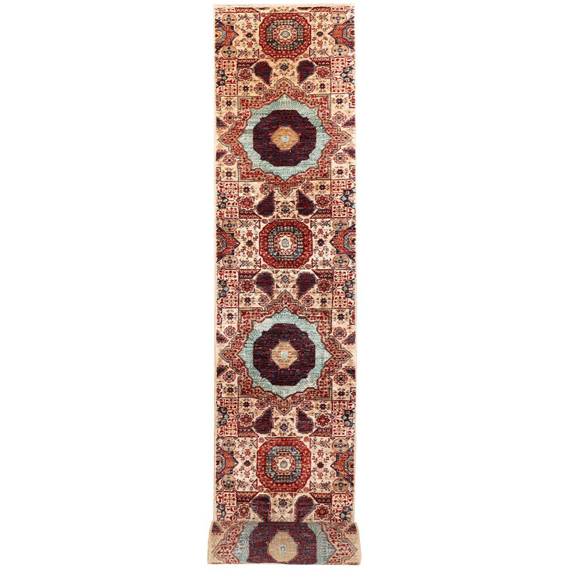 Tapis de couloir unique en laine noué à la main bleu marine / ivoire / rouge 2 pi 6 po x 17 pi 9 po