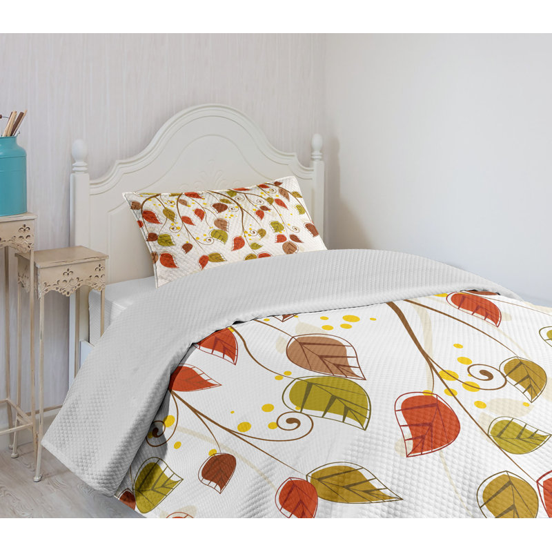 White Twin Quilted Bedspread Set with Leaf Pattern