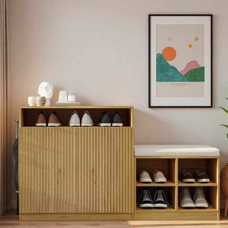 Stylish Shoe Cabine With 2 Doors, 3-tier Adjustable Shelves, Open Space, Hooks, Shoe Bench With 4 Open Shoe Racks And Removeble Cushion