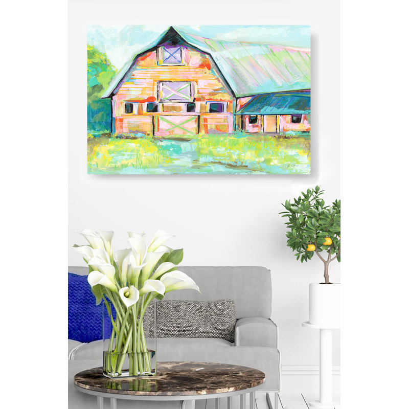 Grange, cheval, grange de campagne, ferme, maison de campagne, rose, bleu sarcelle, cyan, vert, H 16 po x l 24 po x P 1,5 po