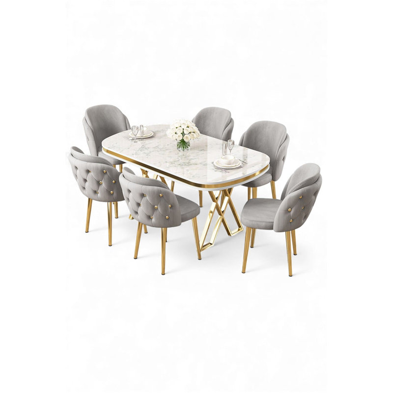 Dining Table & Chairs Set (7 Pieces), White Marble/Gold, 7 Pieces: Table, 6 Chairs, Gray