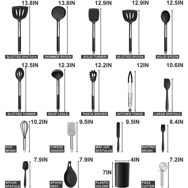Ensemble de 30 ustensiles de cuisine en silicone, acier inoxydable, résistant à la chaleur antiadhésif, noir