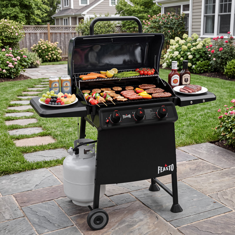 FEASTO 3-Burner Propane Gas Grill, 30,000 BTU, 503 Sq. In. Cooking Area, Porcelain-Enamel Body & Lid, Stainless Steel Burners