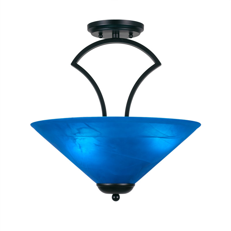 Zilo Semi-Flush 3-Bulbs Shown In Dark Granite Finish With 16" Blue Italian Glass, Matte Black