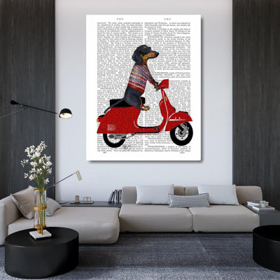 Red Barrel Studio® Fab Funky Gallery Wrapped Canvas Art Titled: Dachshund on a Moped