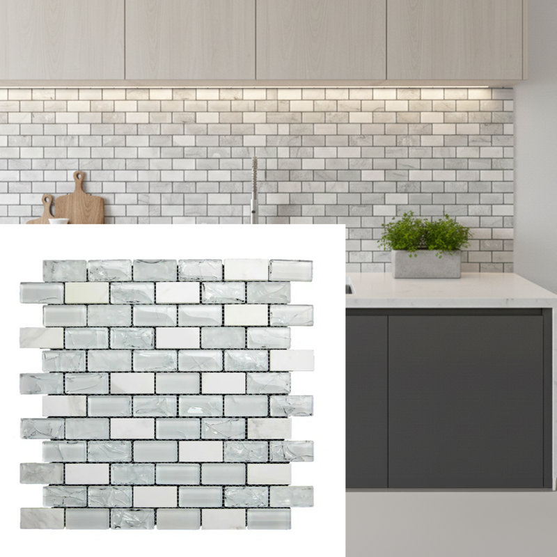 Bristol 12" x 12" Natural Stone/Glass Brick Joint Mosaic Tile, Snow White
