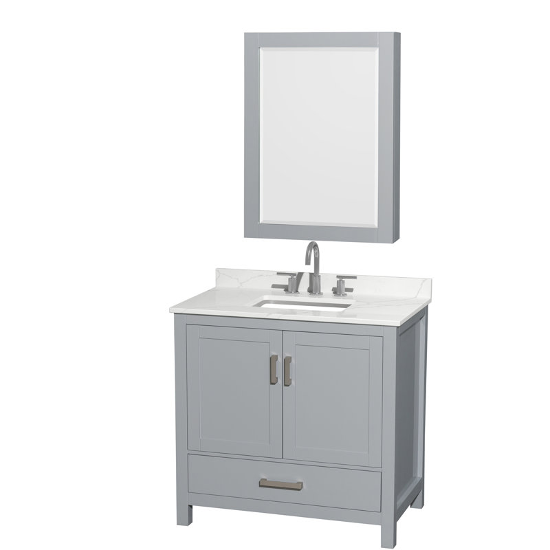 Meuble-lavabo simple 36 po avec comptoir en quartz et armoire à pharmacie Sheffield, Chrome, Gris, Quartz Giotto