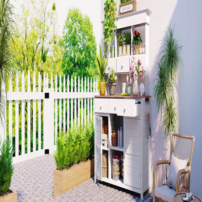 Tall Garden Potting Bench Table with Hutch,Patio Storage Workstation with 3 Shelves,6 Drawers,2 Bottom Cabinets&Side Hooks for Mudroom,Doorway, White