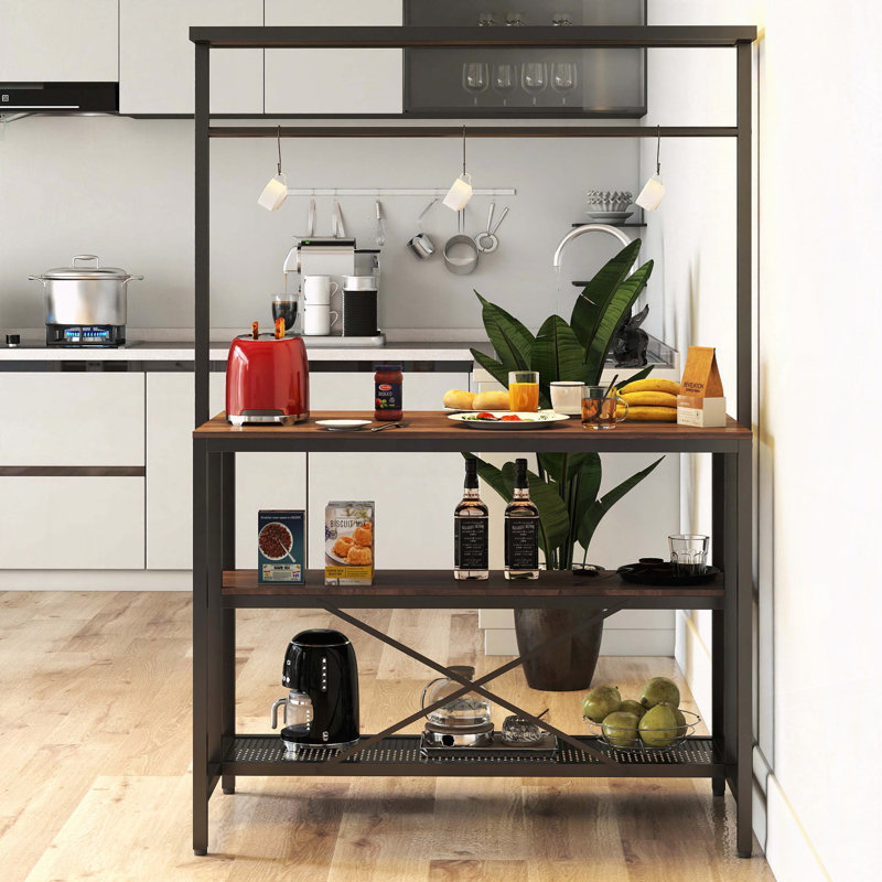 Table pour îlot de cuisine avec rangement à 3 niveaux, 3 crochets et espace pour tabourets