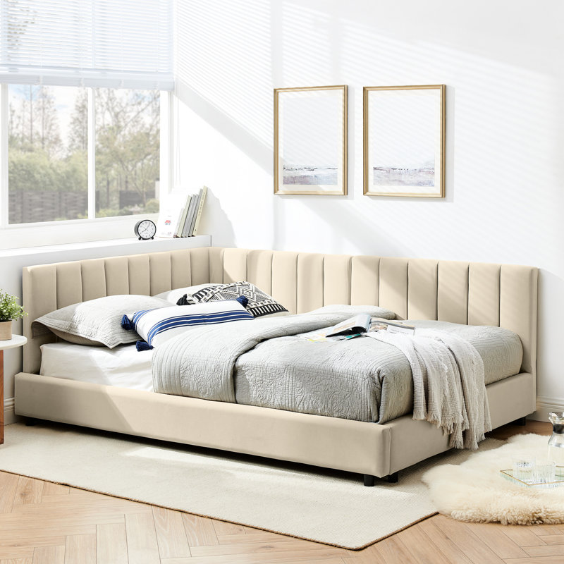 Lit double de style Mid-Century, revêtement en velours beige avec lit de repos pour chambre à coucher et espace de vie, siège en velours