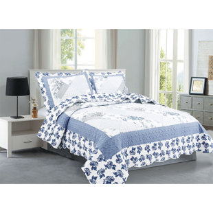 Ensemble de courtepointe en microfibre bleu / blanc / gris Connie