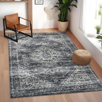 5 x 7 tapis floral rétro tapis lavable tapis de salon tapis contemporain antidérapant antidérapant pour chambre à coucher salle à manger bureau gris foncé