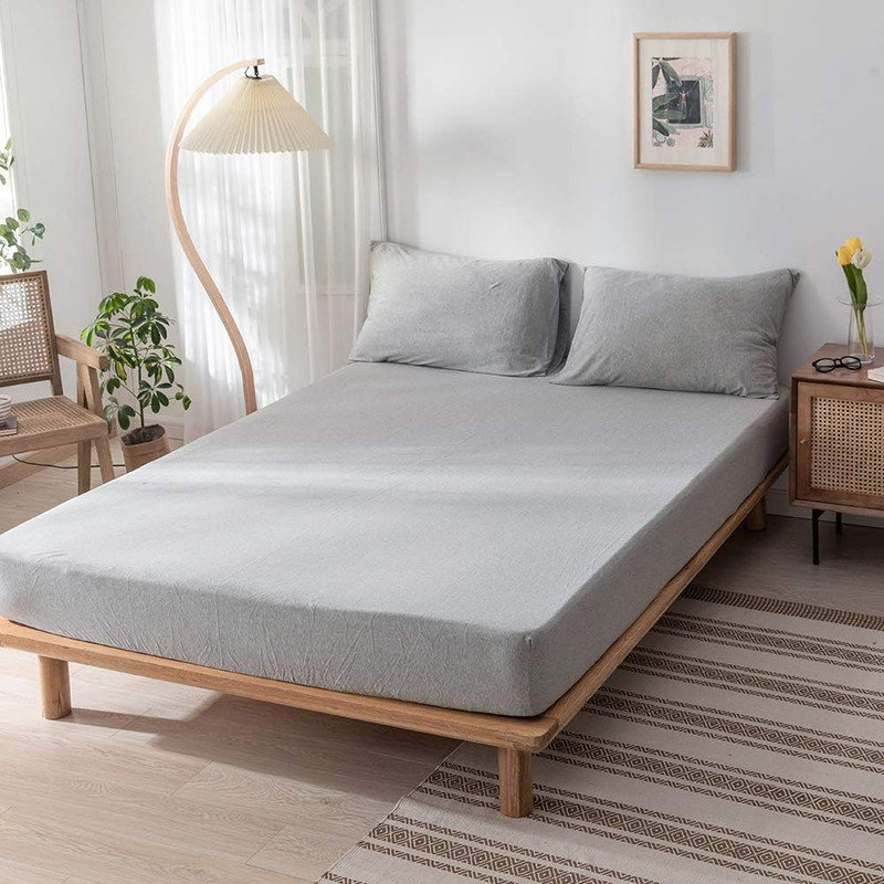 Drap-housse en coton tricoté 3 pièces DONEUS, Drap-housse grand avec 2 taies d'oreiller, Gris