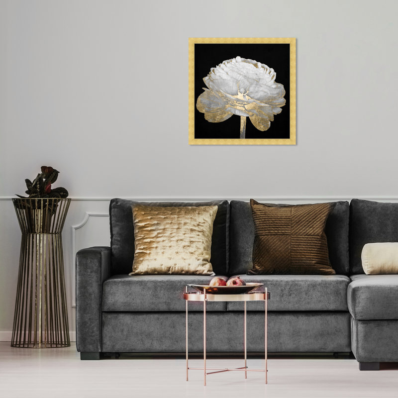 Or et lumière florale II - Peinture encadrée sur papier, H 18 po x l 18 po, Cadre doré