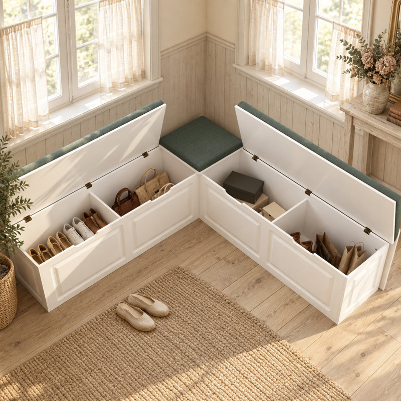 Banc de rangement d'angle rembourré en forme de L Efrayim 63 po