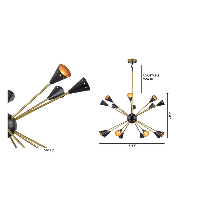 Industrial 16 Light Black Iron Sputnik Chandelier