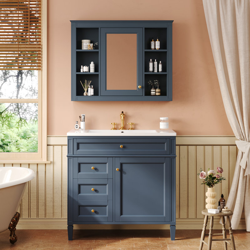 Meuble-lavabo simple avec plateau Jayliana, Bleu, Or