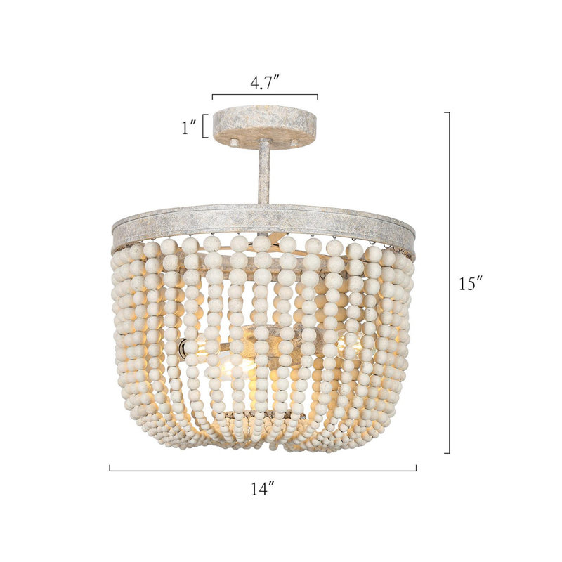 3-Light Wood Beaded Semi-Flush Mount Ceiling Light
