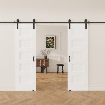 80"H 5-Panel White Double Sliding Barn Door With Installation Hardware Kit – Primed Surface, Hollow Core