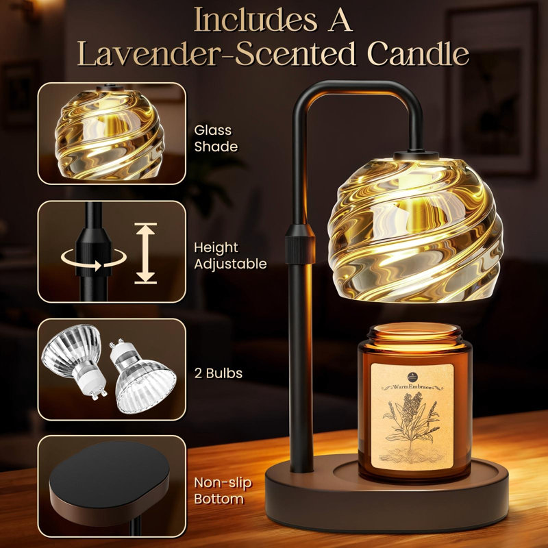 Lampe chauffe-bougie avec bougie lavande assortie, noire, chauffe-cire électrique avec minuterie automatique et 4 intensités lumineuses réglables, hauteur ajustable pour bougies en pot, cadeau élégant pour femme
