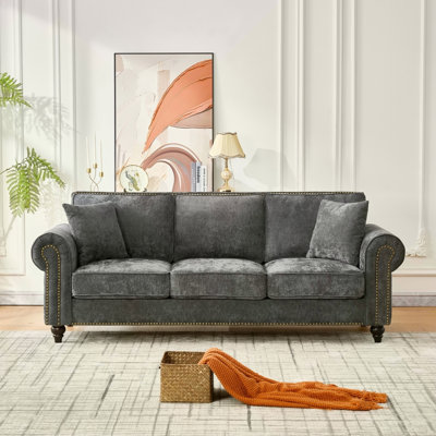 86 Inch Modern 3-Seater Chenille Upholstered Sofa With Rolled Arms, Wood Legs, And Nailhead Trim For Living Room Comfort
