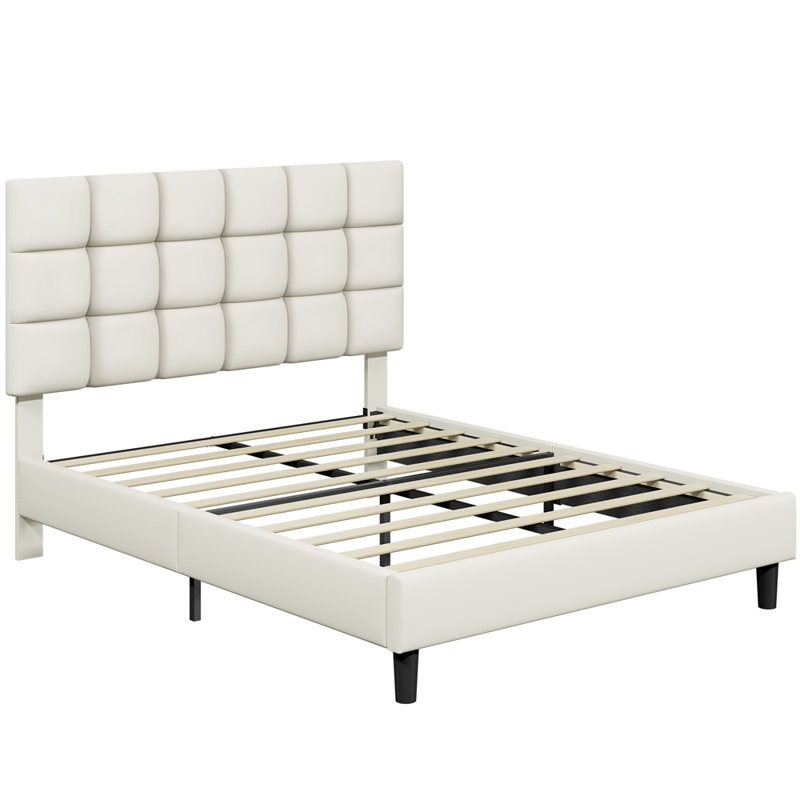 Size Modern Upholstered Bed Frame with Adjustable Square Tufted Headboard, Kingsize (5'), PU Leather/Cream