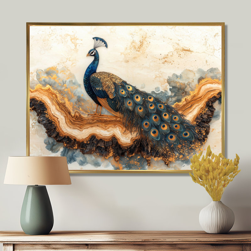 «Hannann Golden Aqua and Wood Peacock Landscape I», art mural paon, H 12 po x l 20 po, Avec cadre, Doré