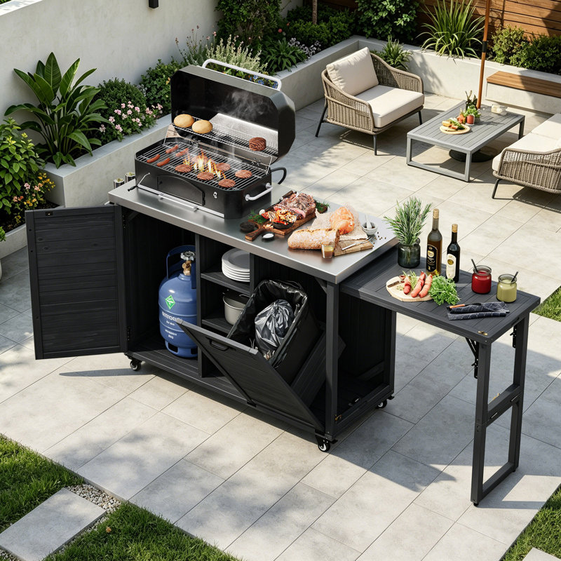 Oversized 78.3" Extendable Outdoor Kitchen Island, Solid Rolling Bar Cart with Stainless Steel Top & Trash Storage for Lawn Garden BBQ