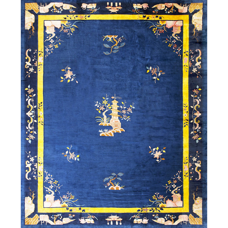 Wool Large Blue Floral Medallion Rectangle Hand Knotted Pile Antique 1930s Rug