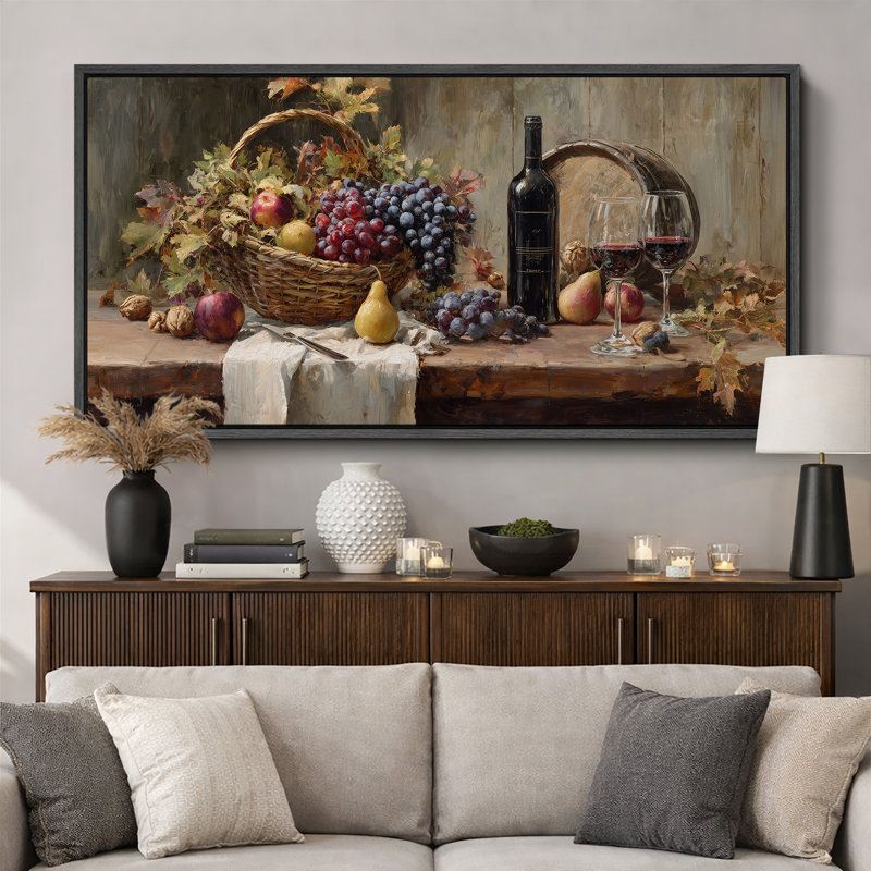 Rustic Vineyard Harvest Still Life, H 30 po x l 60 po, Structure noire