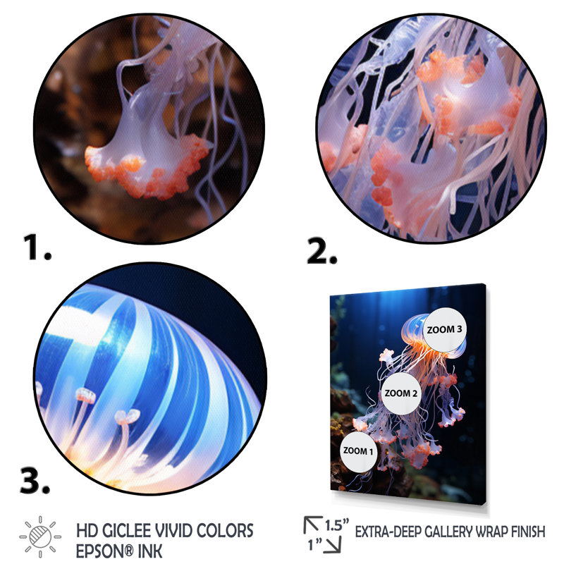 «Jellyfish Luminescent Beauty II - Jellyfish», reproduction sur toile, Cadre flottant doré, H 32 po x l 16 po x P 1 po