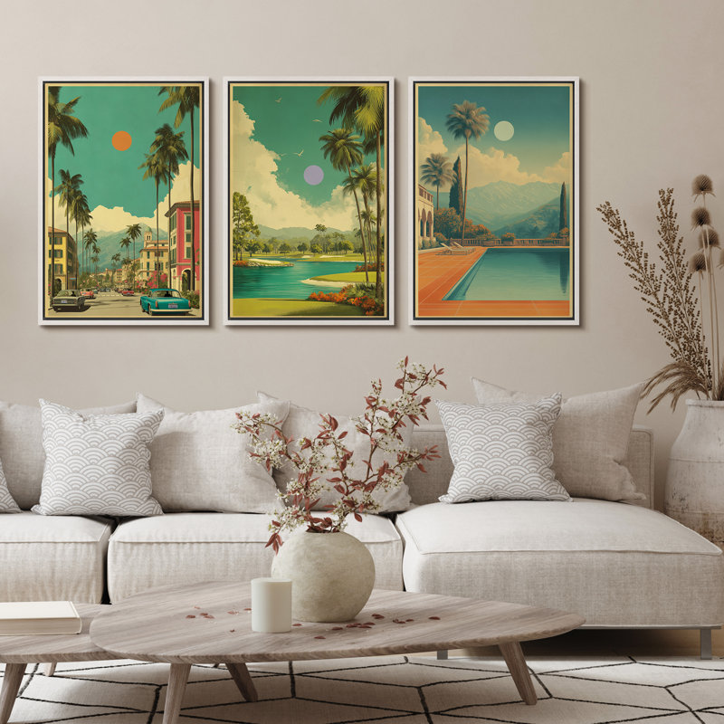 «Retro Palm Springs Landscape Mid-Century Modern Home Decor», ensemble de 3 impressions murales sur toile encadrées, Blanc