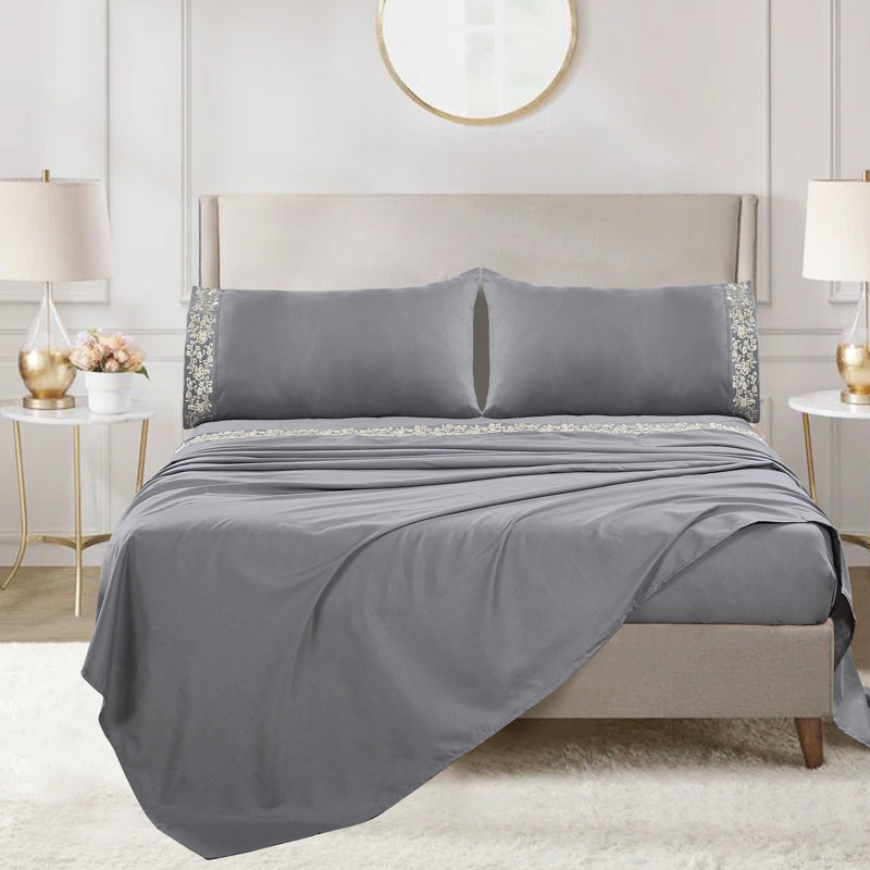 Lei Microfiber Floral Sheet Set, Silver Gray, Twin Sheet Set + Fitted Sheet + 1 Pillowcase