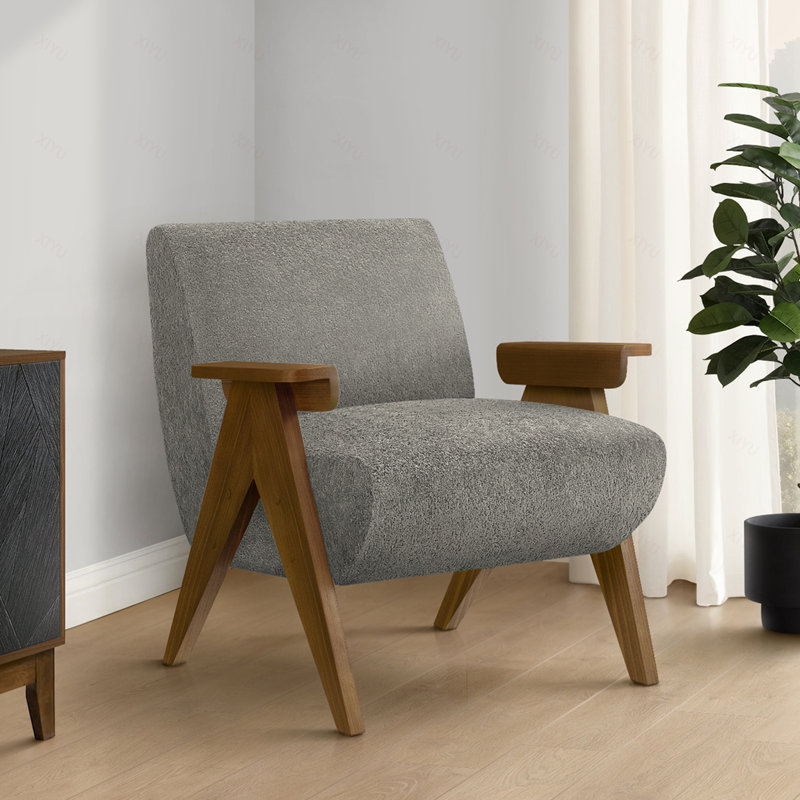 Fauteuil d'appoint, hauteur 79 cm, rembourré, salon, chambre, tissu, bois massif, Polyester-Light Grey