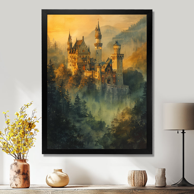 Art rétro, château de conte de fées dans le brouillard - châteaux, H 20 po x l 12 po x P 1 po, Toile encadrée noire simple