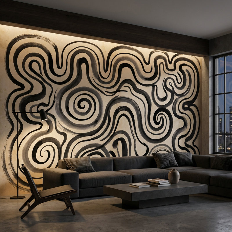 Papier peint abstrait labyrinthe en spirale, Non tissé, 140 po x 108 po