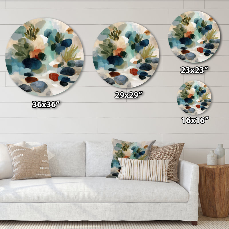 Minimalisme abstrait dans des tons blancs et verts - Art mural rond en métal moderne, L 16 po x H 16 po