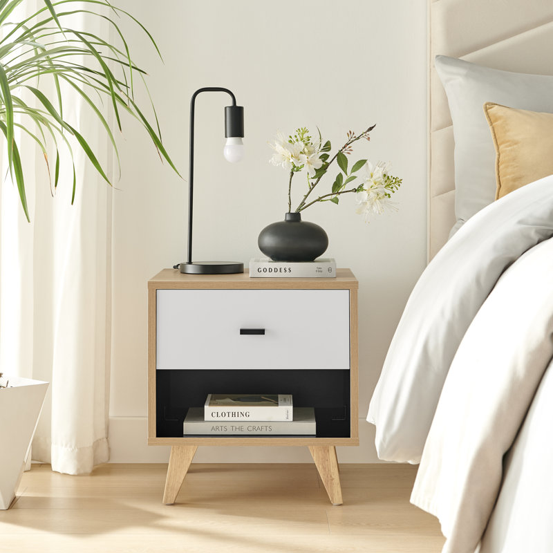 Bonnet Matte Off White and Wood Bedside Cabinet - Mid Century Modern Bedside Table with One Drawer