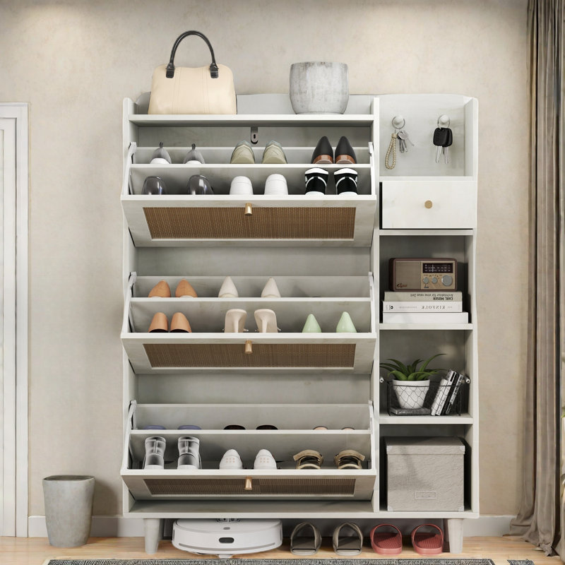 Bohemia Style Shoe Cabinet With 3 Rattan Flip Drawers, 3 Square Shelves And 1 Storage Drawer And Key Hooks, Antique White