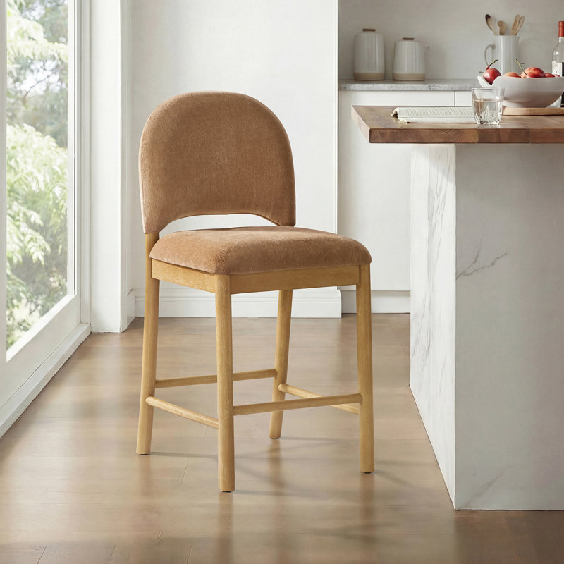Paterson Curved-Back Armless Fabric Bar & Counter Stool with Solid Wood Frame, Camel