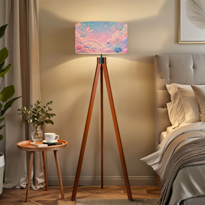  Tripod Standing Lamp Whimsical Pastel Floral Scene Butterflies Rainbow Remote Controlled Dimmable LED Floor Lamp with Beech Wood Legs & Detachable Linen Shade for Farmhouse Apartment Living Room and Bedroom