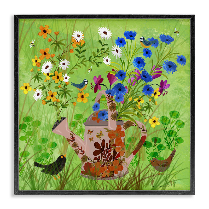 Giclée encadrée de jardinière lumineuse et d'oiseaux, design par Kay Widdowson, Giclée encadrée noir minuit