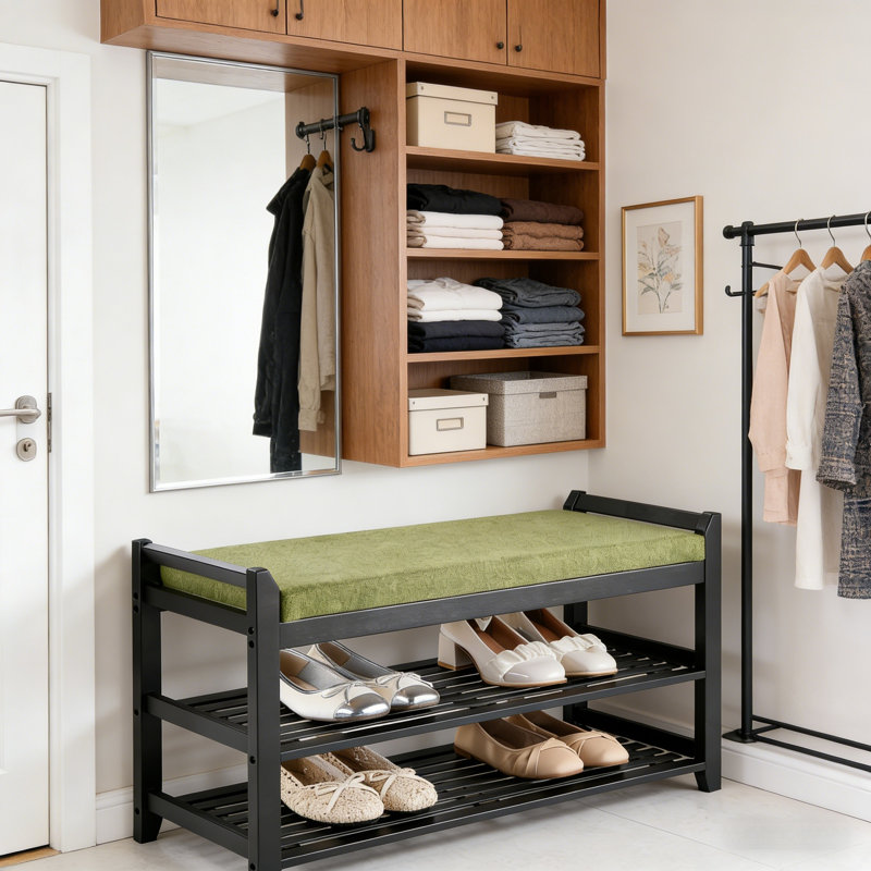 Versatile Cushioned Shoe Storage Bench, Black/Green