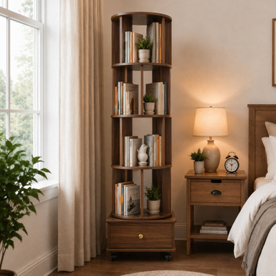4-Tier Rotating Bookshelf with 360° Swivel Design and Storage Drawer