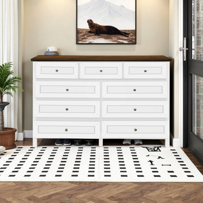 Commode 9 tiroirs 55 po Rustic, Blanc