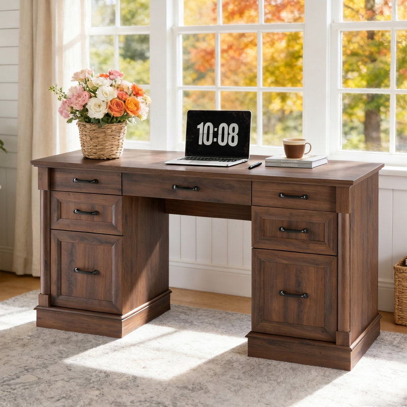 Arless 60" Farmhouse Executive Desk with Drawers, Wood Home Office Desk, File Drawer, Storage Cabinet, Rustic Brown