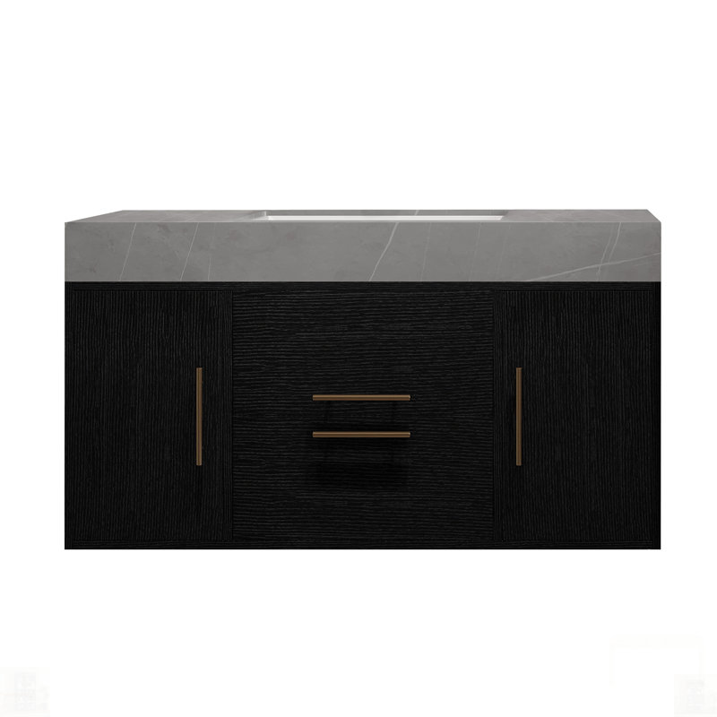 Meuble-lavabo flottant simple contemporain avec comptoir en faux marbre, lavabo en céramique et grand espace de rangement