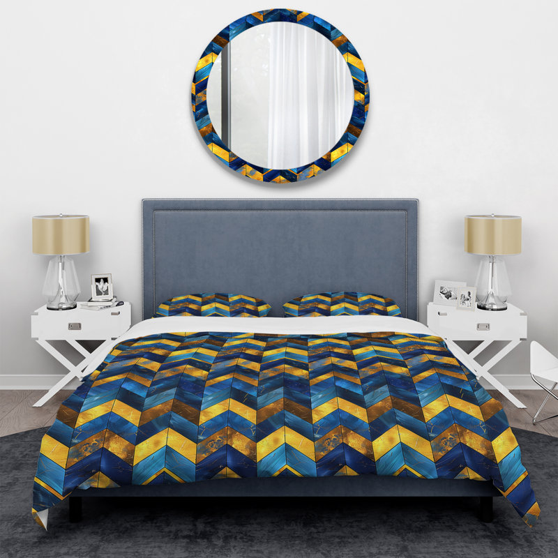 Ensemble de housse de couette moderne bleu et jaune à motif de chevrons Glam III