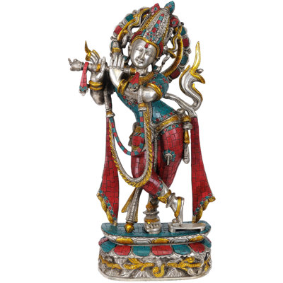 Statue en laiton 23 po Murali Krishna - finition argentée, incrustation de corail et de turquoise, art indien fait à la main pour la décoration intérieure